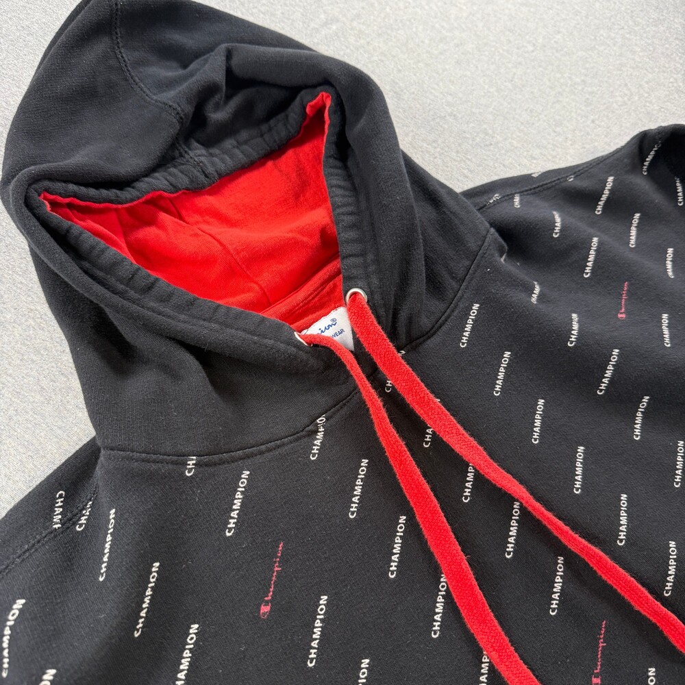 Champion All-Over Logo Print Black Hoodie - Size 2XL